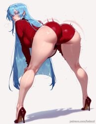 ass blue_eyes blue_hair breasts female from_behind full_body high_heels legs long_hair looking_at_viewer looking_back simple_background solo sweat thighs trembling