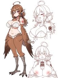 absurdres ahoge animal_ears bird_ears bird_legs bird_tail breasts brown_feathers brown_hair brown_wings censored closed_eyes feathered_wings feathers female harpy highres large_breasts male monster_girl musical_note negationtenmaru nipples open_mouth original paizuri penis red_eyes smile tail talons winged_arms wings