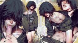 1boy bare_legs biting_own_lip black_hair black_nails choker cum cum_on_body denim denim_shorts drawstring earbuds earphones foreskin hair_over_eyes hood hoodie implied_penetration jeans lace lace_choker male_focus medium_hair monster_energy multiple_views nail_polish nipples off-shoulder_sweater off_shoulder oral original painterly pale_skin pants sabu_(sabudenego) sabudenego short_shorts shorts sitting sitting_on_person sweater torn_clothes torn_jeans torn_pants trap yaoi