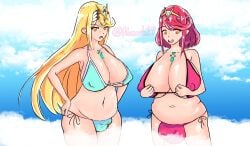 2futas bangs bikini bikini_bottom bikini_bulge bikini_top blonde_hair breasts chubby chubby_futa clouds daytime dickgirl futa_sans_pussy futanari giantess giantess_futa headpiece headwear hikari_(xenoblade_2) homura_(xenoblade_2) intersex intersex/intersex large_breasts light-skinned_futa light_skin long_hair monado17 mythra mythra_(xenoblade) penis penis_visible_through_clothing pyra pyra_(xenoblade) red_hair self_upload short_hair sky swept_bangs xenoblade_(series) xenoblade_chronicles_2