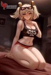 1girls 2d ai_generated ass back bangs bare_shoulders barefoot big_ass big_breasts black_panties blonde_hair breasts burnice_white cleavage dress erophoenix feet female female_focus full_body long_hair looking_at_viewer navel pale_skin pale_skinned_female panties patreon_username red_eyes sitting skirt smile soles solo sports_bra thick thick_thighs toes twintails uncensored underwear zenless_zone_zero