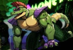 alligator alligator_tail alligatorid alligatorid_humanoid animatronic anthro anthro_male biceps black_nails blush cafeaubandage clawed_fingers claws crocodile crocodile_tail crocodilian crocodylid eye_wear face_paint facial_markings fingerless_gloves five_nights_at_freddy's five_nights_at_freddy's:_security_breach fnaf green_body green_scales green_skin long_nails machine male male_only mohawk mohawk_(hairstyle) montgomery_gator_(fnaf) muscle muscles muscular_anthro muscular_body muscular_furry muscular_male non_human on_all_fours red_eyes red_hair reptile reptile_humanoid robot robot_anthro robot_humanoid scales scalie scottgames shades sharp_teeth shoulder_pads solo_male spiked_bracelet spikes spotted_body star_shades steel_wool_studios sunglasses tail_markings two_tone_body yellow_body yellow_scales yellow_skin