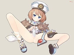 ass bare_legs bare_shoulders blanc blue_eyes bottomless brown_hair coat controller dress expressionless female full_body fur_trim game_controller hair_between_eyes hat knee_up long_sleeves looking_at_viewer lying masturbation neptunia_(series) no_panties object_insertion on_back pussy short_hair simple_background solo spaghetti_strap spread_legs vaginal_object_insertion vaginal_penetration white_dress wii_remote wiimote