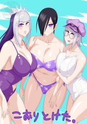3girls alluring bikini black_hair breasts cleavage crown kanisuka_rita karras_(king-ohger) large_breasts morfonia multiple_girls ohsama_sentai_king-ohger one-piece_bikini otokamu purple_eyes silver_and_purple_hair super_sentai swimsuit