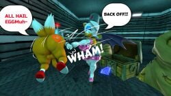 100acrew 1boy 1girls 2025 anthro ass ass_focus balls bat_girl brainwashed breasts bucket_helmet bucket_on_head chaos_emerald chestplate chum_bucket chum_bucket_bucket_helmet clothes dialogue drone eggman_logo emerald_(gem) female femboy flying fox_boy gold_(metal) gold_jewelry hand_on_mouth looking_ahead male miles_tails_prower mind_control mobian mobian_(species) nude penis property rouge_the_bat sega sfm slap small_balls small_penis sonic_(series) sonic_the_hedgehog_(series) source_filmmaker speech_bubble standing tails_the_fox treasure treasure_chest white_hair yellow_body yellow_fur