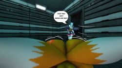 100acrew 1boy 1girls 2025 anthro ass ass_focus ass_up ass_up_face_down bat_girl big_ass dialogue eggman_logo female femboy fox_boy male miles_tails_prower mobian mobian_(species) property rouge_the_bat running sega sfm sonic_(series) sonic_the_hedgehog_(series) source_filmmaker speech_bubble tails_the_fox white_hair yellow_body yellow_fur