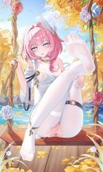 absurdres anus bare_shoulders blue_eyes blue_sky breasts censored commentary_request cyrene_(honkai:_star_rail) dress female hair_ornament highres honkai:_star_rail honkai_(series) jndfh lake leg_up looking_at_viewer medium_hair mosaic_censoring multicolored_hair on_swing outdoors pantyhose pink_hair pussy sky small_breasts smile soles solo swing swing_set thighs toes torn_clothes torn_pantyhose two-tone_hair variant_set water white_dress white_hair white_pantyhose wooden_floor