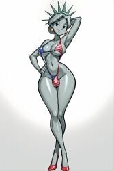 1futa 1girls ai_generated american_flag_bikini armpit bikini breasts bulge colored_skin crossed_ankles female futanari gradient_background grey_background hand_behind_head hand_on_hip high_heels highleg jimojo lady_liberty legs_together narrow_waist navel no_sclera red_shoes shiny_skin skindentation slim_waist sling_bikini slingshot_bikini slingshot_swimsuit small_waist solo solo_futa stable_diffusion star_earrings statue_of_liberty toon_(style) toony white_background wide_hips