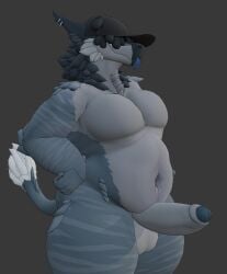 anaroth anthro balls belly claws clothing digital_media_(artwork) dragon ear_piercing fur furred_dragon furred_scalie genitals gravel_(anaroth) hair hair_over_eye hi_res humanoid_genitalia humanoid_penis male male_anthro mammal muscular muscular_anthro muscular_male mythological_creature mythological_scalie mythology navel neck_tuft nude overweight overweight_anthro overweight_male pecs penis piercing scalie short_hair simple_background smile solo tail thick_thighs tuft
