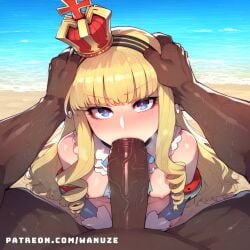 ai_generated azur_lane bald big_ass big_balls big_butt big_penis big_thighs blowjob blowjob_face blue_eyes blush brown_hair crown dark-skinned_male dark_skin drill_hair faceless_male fellatio head_grab huge_ass huge_balls huge_butt huge_cock huge_cock huge_thighs kneeling mini_crown muscular muscular_male oral pov queen_elizabeth_(azur_lane) small_breasts wanuze wide_hips