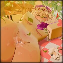 1girls 3d artist_name blush carbdorb dripping_pussy female flower forsaken_(roblox) freckles half-closed_eyes laying_down mastectomy_scar noob_(forsaken) nude official_alternate_costume picnic public public_nudity pussy pussy_juice_drip roblox roblox_game robloxian thighs top_surgery_scars watermark yellow_skin