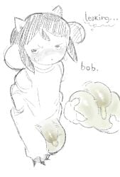 anthro ball_grab balls big_balls big_bulge big_penis black_hair blush bob_(undertale) bodily_fluids bulge clothing genital_fluids genitals hair hi_res high-angle_view huge_balls huge_bulge huge_cock leaking_precum male offmoss1 penis precum precum_through_clothing simple_background solo solo_focus sweat tem text thought_bubble undertale undertale_(series) wet wet_clothing