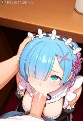 1boy ai_generated artist_name blue_eyes blue_hair blush breasts cum cum_in_mouth detached_sleeves dress eyes_visible_through_hair fellatio female frills hair_ornament hair_over_one_eye hair_ribbon hand_on_another's_head indoors just_pepel kneeling large_penis looking_at_viewer maid maid_headdress male_pubic_hair oral patreon_logo patreon_username penis pink_ribbon pov pubic_hair re:zero_kara_hajimeru_isekai_seikatsu rem_(re:zero) ribbon roswaal_mansion_maid_uniform shiny_skin short_hair straight table uncensored under_the_table veins veiny_penis watermark web_address x_hair_ornament