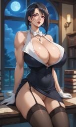 ai_generated bakunyuu_bomb black_hair dress female gloves mature_female purple_eyes risa_wakatsuki skirt tear wakatsuki_risa