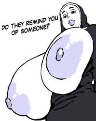 1girls big_breasts bogmoza breasts breasts_out english_text female female_only from_below greyscale huge_breasts large_breasts looking_at_viewer monochrome nipples nun nun_outfit original text upper_body viewed_from_below