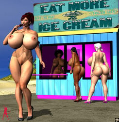 3d 4girls afro araya_(xskullheadx) back_view bare_shoulders beach big_breasts black_hair breasts busty butt_crack cindy_(xskullheadx) cleavage curvy dark-skinned_female dark_skin dat_ass detailed_background ear_piercing earrings english_text erect_nipple erect_nipples female female_only front_view hairy_pussy high_heels hourglass_figure human ice_cream lifeguard_(xskullheadx) lipstick long_hair makeup multiple_females multiple_girls nail_polish naked naked_footwear naked_heels nude open_mouth original_character outdoor outside ponytail pose posing pubes pubic_hair red_hair red_lipstick shadow short_hair sideboob spread_legs spreading standing text tied_hair tongue_out tree twintails voluptuous white_hair wide_hips xskullheadx