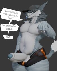 anaroth anthro balls belly bottomwear bottomwear_aside claws clothed clothing clothing_aside digital_media_(artwork) dragon ear_piercing fur furred_dragon furred_scalie genitals gravel_(anaroth) hair hair_over_eye hi_res humanoid_genitalia humanoid_penis looking_pleasured male male_anthro mammal muscular muscular_anthro muscular_male mythological_creature mythological_scalie mythology navel neck_tuft nude open_mouth overweight overweight_anthro overweight_male pecs penis piercing scalie short_hair shorts shorts_aside simple_background smile solo tail text thick_thighs throbbing throbbing_penis tuft wide_hips