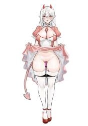 1girls artist_request black_panties boobs breasts cleavage demon demon_girl demon_horns demon_tail dress dress_lift female lifting_skirt mineshield nukles panties panties_down pussy red_eyes red_shoes rule_63 sharp_ears shoes stockings tagme tie vibrator vibrator_in_pussy white_stockings