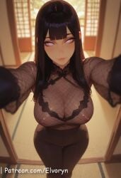ai_generated arms_behind_back bangs bare_shoulders blue_hair blunt_bangs blush breasts cheating cleavage cuckold cuckolding curvy elvoryn female huge_breasts hyuuga_hinata indoors lips long_hair looking_at_viewer name_tag naruto naruto_(series) netorare no_legwear orange_shorts pink_eyes purple_eyes purple_hair short_shorts shorts solo standing tank_top thick_thighs thighs uniform waitress window