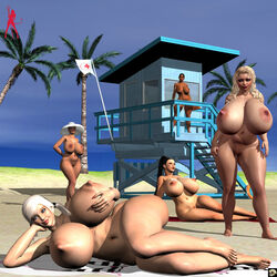 3d 5girls bare_shoulders barefoot beach big_breasts black_hair blonde_hair busty cindy_(xskullheadx) cleavage curvy dark-skinned_female dark_skin detailed_background erect_nipple erect_nipples female female_only flag front_view hairy_pussy hourglass_figure human lady_april lifeguard_(xskullheadx) lipstick long_hair looking_at_viewer lying makeup multiple_females multiple_girls nail_polish naked nude original_character outdoor outside pose posing pubes pubic_hair red_lipstick sand shadow shaved_pussy sitting spread_legs spreading standing tied_hair tree twintails voluptuous white_hair wide_hips xskullheadx yellow_hair