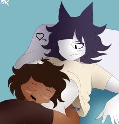 1boy 1girl blush blush_lines breasts cute female fundamental_paper_education laying_on_belly laying_on_stomach male miss_bloomie_(fundamental_paper_education) pillow samkeeydraws samkvevo self_insert sleeping sleeping_on_person sleeping_on_stomach smile smiling smiling_at_partner stomach_growling stomach_gurgle stomach_noises