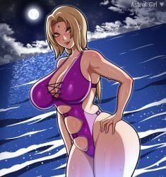 1girls astral_girl big_breasts blonde_hair blush breasts brown_eyes cleavage female female_only forehead_jewel hair hand_on_hip hips huge_breasts lips mature mature_female mature_woman milf nails naruto naruto_(series) purple_swimsuit smile solo solo_female swimsuit swimwear thick_thighs thighs tsunade water wet wet_body wide_hips