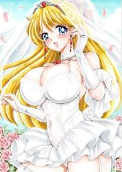 alluring bare_shoulders big_breasts bishoujo_senshi_sailor_moon blonde_hair blue_eyes bride cleavage dress earrings female flower gloves high_res hmdark-9 jewelry long_hair minako_aino panties tiara underwear very_long_hair wedding_dress