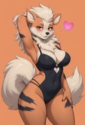 ai_art ai_generated anthro armpits arms_behind_head big_breasts blonde_hair breasts canine cleavage ears_up female furry furry_female heart pokemon pokemon_(species) pokemonjackr posing_for_the_viewer tail thick_thighs