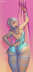 a.k.i. ass back_view bandage bandages blue_panties butt_crack butt_focus danderfull long_hair long_nails mole mole_under_mouth mummy_wrappings panties pink_eyes sideboob slim street_fighter street_fighter_6 thick_ass thick_thighs thighs white_hair