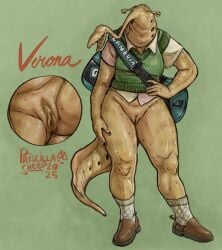 2025 absurd_res bottomless brown_body brown_skin clothed clothing english_text female fingernails footwear genitals green_background hi_res lifeguard marine nails open_mouth plump_labia prehistoric_species priscillasheep shirt shoes simple_background t-shirt tan_body tan_skin text topwear tully_monster vest vulva