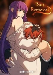 1boy 1girls artist_name ass ass_grab bangs blunt_bangs blush clothed clothing comic comic_cover female fern_(sousou_no_frieren) fingerless_gloves kinkymation light-skinned_female light-skinned_male light_skin long_hair male nightgown purple_eyes purple_hair red_hair short_hair sousou_no_frieren stark_(sousou_no_frieren)