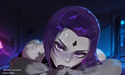 1boy 1girls ai_generated all_the_way_to_the_base apartment balls_deep bed bedroom blowjob dc dc_comics deep_blowjob deepthroat deepthroat_no_hands fellatio looking_at_viewer night oral oral_penetration oral_sex pov pov_eye_contact rachel_roth raven_(dc) sleen straight tagme teen_titans