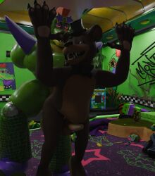 against_wall alligator alligator_tail alligatorid alligatorid_humanoid animatronic anthro anthro_male belly_bulge biceps black_nails bow_tie clawed_fingers claws crocodile crocodile_tail crocodilian crocodylid eye_wear face_paint facial_markings fingerless_gloves five_nights_at_freddy's five_nights_at_freddy's:_security_breach fnaf freddy_(fnaf) freddy_fazbear gay_sex green_body green_scales green_skin long_nails machine male male/male male_only mohawk mohawk_(hairstyle) montgomery_gator_(fnaf) muscles muscular muscular_anthro muscular_body muscular_furry muscular_male non_human pinning red_eyes red_hair reptile reptile_humanoid robot robot_anthro robot_humanoid scales scalie scottgames shades sharp_teeth shoulder_pads spiked_bracelet spikes spotted_body star_shades steel_wool_studios sunglasses tail_markings top_hat two_tone_body yellow_body yellow_scales yellow_skin