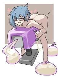 bc5550 blue_hair condom cum dickgirl ejaculation excessive_cum filled_condom futanari glasses nude nude_futa short_hair