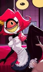 1boy ai_generated bedroom black_elbow_gloves black_pantyhose colored_sclera cum cum_in_pussy cum_in_pussy cum_inside cyclops elbow_gloves female hand_on_another's_thigh hand_on_thigh hazbin_hotel indoors niffty nipples one_eye pantyhose petite petite_body petite_female pixai red_hair ripped_pantyhose self_upload sharp_teeth shirt_lift short_hair skirt small_breasts smaller_female standing standing_on_one_leg standing_sex standing_split straight superdomfuta thigh_grab vaginal_penetration vaginal_sex yellow_highlights yellow_teeth
