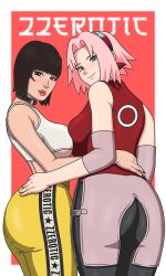 2025 2girls artist_name asian asian_female ass ass_grab big_ass big_breasts breasts clothed clothing eyelashes female free_fire green_eyes kelly_(free_fire) looking_at_viewer looking_back naruto naruto_(series) naruto_shippuden patito_zzero pink_hair pink_lipstick sakura_haruno short_hair voluptuous voluptuous_female