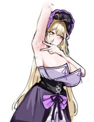 1girls armpit_fetish armpit_focus armpits arms_up big_breasts blonde_hair blush cat___nip dulcinea_(limbus_company) embarrassed limbus_company project_moon solo_female solo_focus tagme