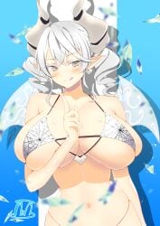 1girls absurd_res bikini blush breasts closed_mouth demon demon_girl demon_horns duel_monster female huge_breasts labrynth_of_the_silver_castle looking_at_viewer lovely_labrynth_of_the_silver_castle navel pose seductive seductive_smile silver_eyes smile solo swimsuit tama_amata tongue_out twintails white_hair yu-gi-oh!