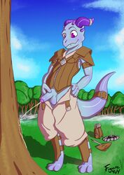 anthro balls biped campfire clothed clothing dragon figure404 fur grass hi_res male male_only melee_weapon outside peeing penis purple_eyes scalie shield solo tree urine watersports weapon