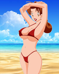 1girls armpits arms_up ass beach belly big_breasts bikini blue_background brown_eyes brown_hair butt cameltoe cleavage clothed clouds day delia_ketchum_(pokemon) deviantart earrings erect_nipples eyebrows eyelashes female female_only hair human human_only lipstick long_hair looking_at_viewer midriff milf mother nintendo ocean outdoors parent partially_visible_vulva pervyangel pokemon pokemon_rgby pose red_lipstick sand sideboob sky smile solo standing thick_thighs underboob water wide_hips