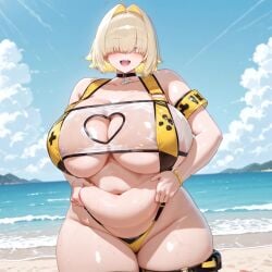 ai_generated big_breasts bikini blonde_hair chubby chubby_female elegg_(boom_and_shock)_(nikke) elegg_(nikke) female goddess_of_victory:_nikke grabbing_belly hypet shaking shiny shiny_skin short_hair standing tagme thick thick_ass thick_legs thick_thighs thighs video