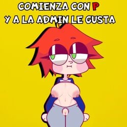 anthro blue_shirt blush breasts breasts_apart cleft_of_venus closed_mouth clothes_lift clothing english_language english_text eyewear female female fur furry furry_female genitals glasses green_eyes grey_pants half-closed_eyes large_breasts long_sleeves looking_to_the_side mammal narrow_waist navel nipples orange_hair pants pussy raglan_sleeves red_hair sagging_breasts shirt shirt_lift short_hair solo steca text thelazyart topwear vagina wide_hips