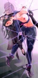 2girls a.k.i. black_jacket bondage bumaden domination fatal_fury femdom grabbing grabbing_another's_breast large_breasts leather_clothing long_hair mai_shiranui nipples ponytail ryona street_fighter street_fighter_6 tagme white_hair yuri