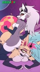 2025 2girls ai_generated big_breasts female female_only furry_female helluva_boss loona_(helluva_boss) queen_bee-lzebub_(helluva_boss) sitting_on_person stockings yuri