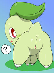 1girls ? all_fours anus ass back blue_background blush chikorita dinosaur female female_only from_behind green_background green_skin leaf looking_at_viewer looking_back nintendo no_humans nude open_mouth plant pokémon_(species) pokemon pokemon_gsc pussy red_eyes scalie solo tail tatwuyan tongue video_games