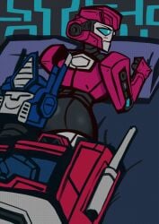 1boy blue_eyes blush boyfriend-girlfriend elita_one embarrassed female large_ass lying_on_ass optimus_prime orion_pax sleeping smiling transformers transformers_one