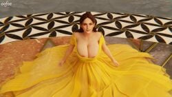 1girls 3d 3d_render ball_gown beauty_and_the_beast_(1991_film) beauty_and_the_beast_(2017) belle_(beauty_and_the_beast) big_breasts blender blender_(artwork) blender_(software) blender_cycles brown_hair cleavage disney disney_princess dress emma_watson fully_clothed huge_breasts looking_at_viewer nipple_peek nipples oofoe self_upload yellow_dress