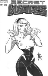 1girls 2015 artist_signature big_breasts breasts cameltoe female female_only gwen_stacy hairband marvel nipples solo solo_female spider-gwen spider-man_(series) tagme_(artist) traditional_media_(artwork)