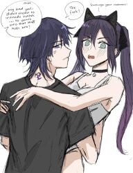 1boy 1girls anger_vein cat_ears caught childe_(genshin_impact) english_text fake_animal_ears female genshin_impact hugging interrupted long_hair male male/female mona_(genshin_impact) out_of_frame_male scaramouche_(genshin_impact) speech_bubble straight suggestive twintails