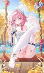 absurdres anus bare_shoulders blue_eyes blue_sky breasts censored commentary_request cyrene_(honkai:_star_rail) dress female garter_straps hair_ornament highres honkai:_star_rail honkai_(series) jndfh lake leg_up looking_at_viewer medium_hair mosaic_censoring multicolored_hair on_swing outdoors pink_hair pussy sky small_breasts soles solo swing swing_set thighhighs thighs toes tongue tongue_out two-tone_hair variant_set water white_dress white_hair white_thighhighs wooden_floor